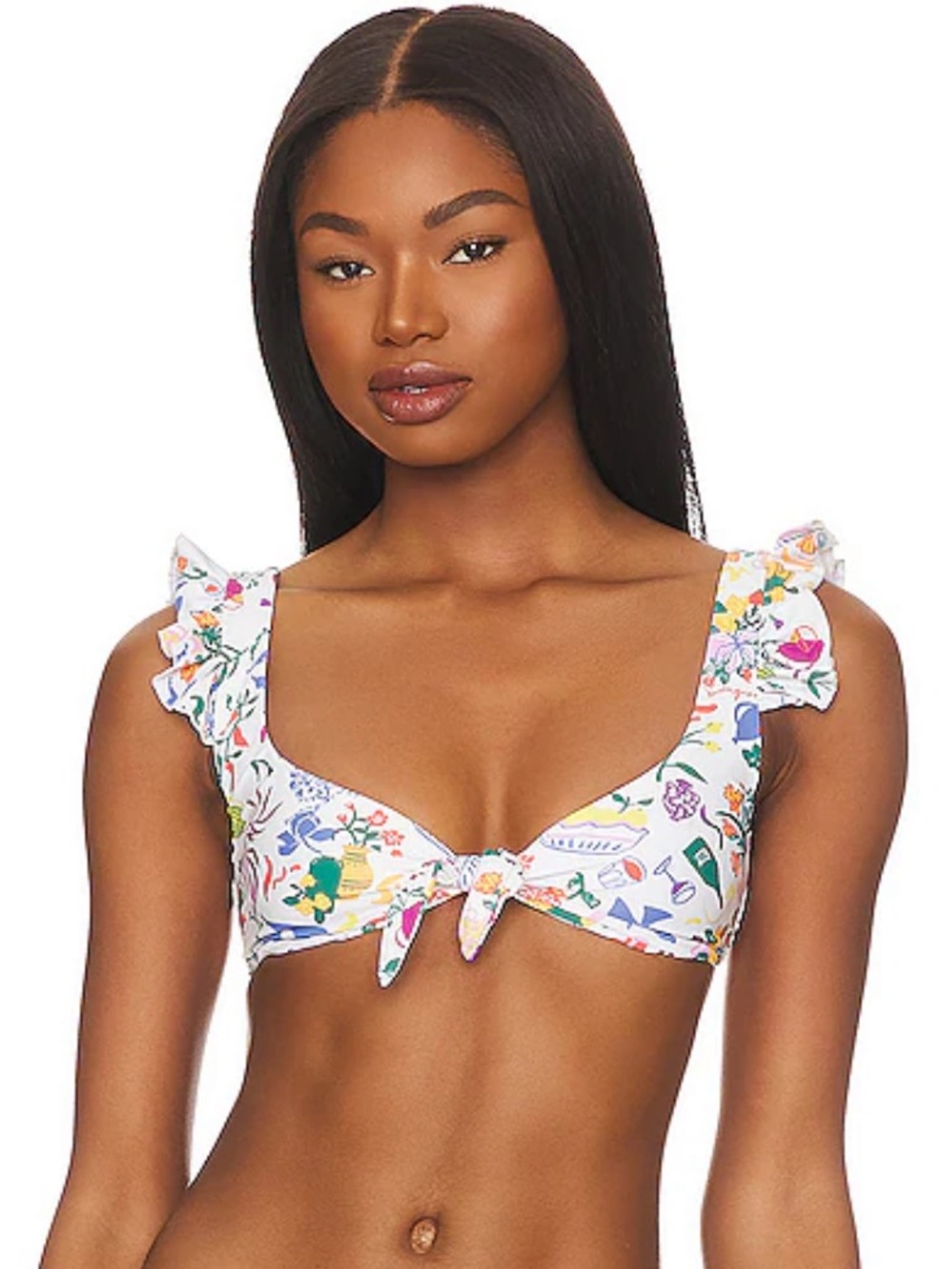 White Multicolor Ruffle Tie-Front Bikini Top